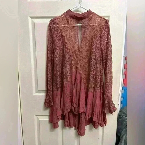 Free People Lace Top Tunic Mini Dress. Secret Origins Dusty Mauve Size M - Picture 2 of 7